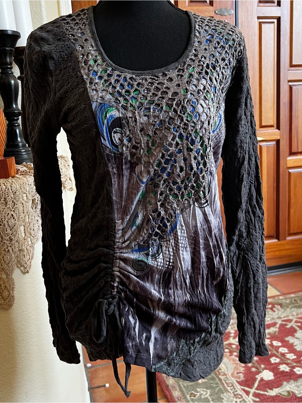 Adam Jacobs Boho Tunic Top L Artsy Layered Mesh Long Sleeve Festival Grunge